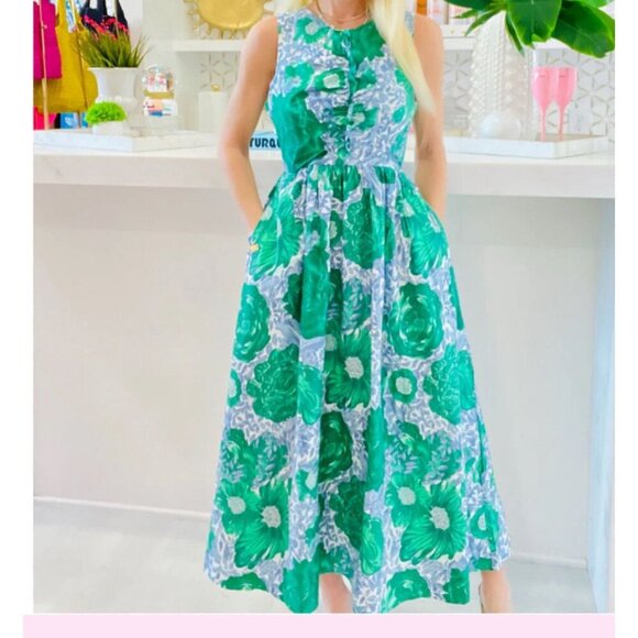 TCEC Shirred Front Floral Blue And green Maxi Dress Size Medium - Picture 10 of 12